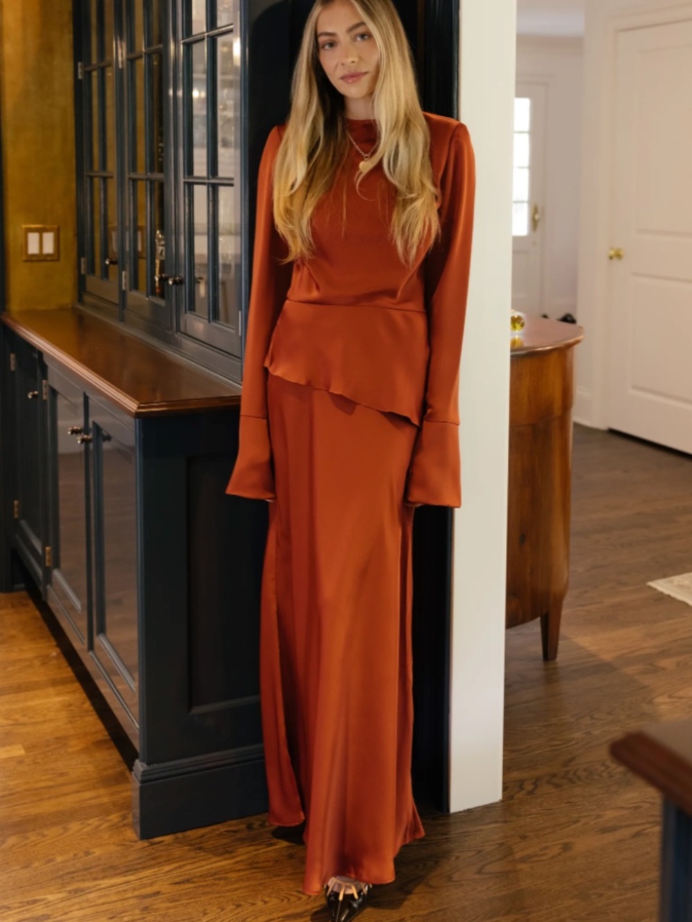 Few Moda x Hannah Chody Taylor Dress Burnt Orange Silk Satin Open Back Maxi S